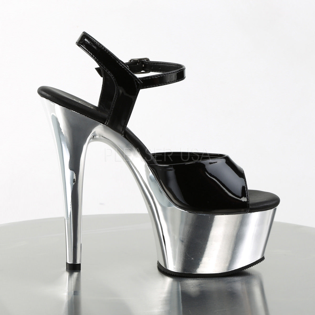 Pleaser ASPIRE-609 Black Ankle Strap Sandals With Silver Chrome Platform - Shoecup.com - 5