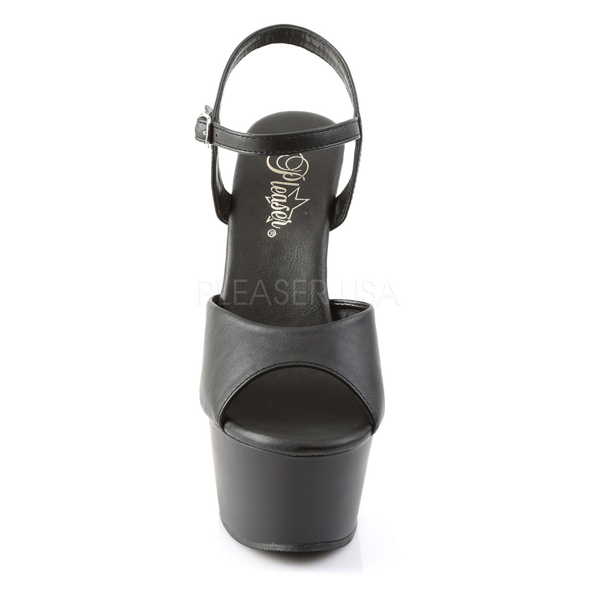Pleaser ASPIRE-609 Black Faux Leather Ankle Strap Sandals With Black Matte Platform - Shoecup.com - 2