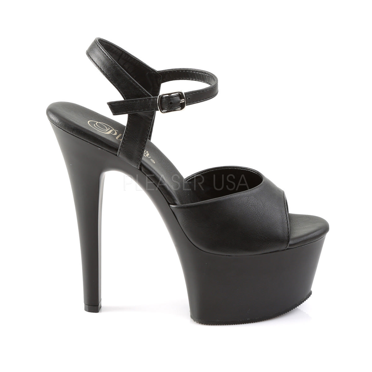 Pleaser ASPIRE-609 Black Faux Leather Ankle Strap Sandals With Black Matte Platform - Shoecup.com - 5