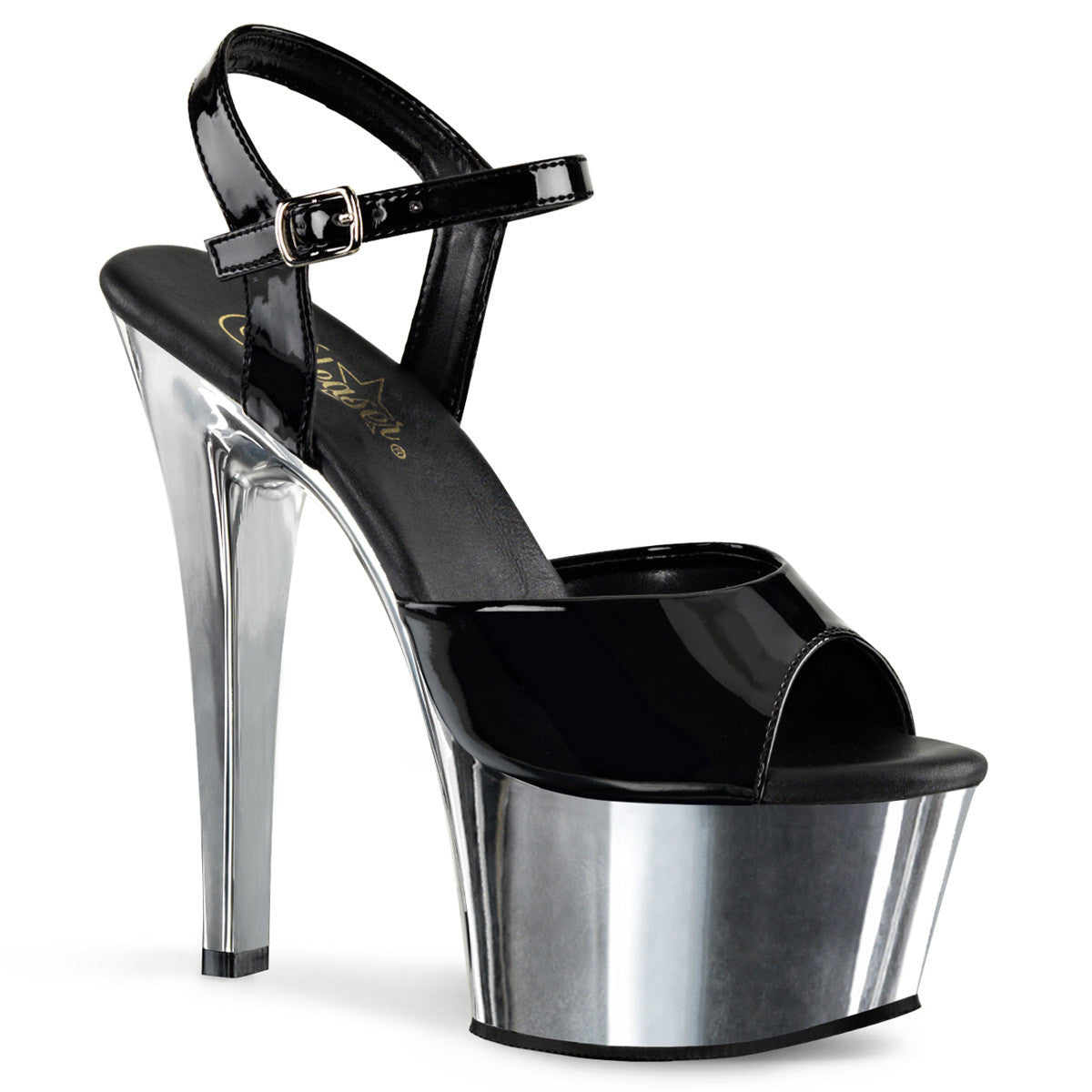 Pleaser ASPIRE-609 Black Ankle Strap Sandals With Silver Chrome Platform - Shoecup.com - 1