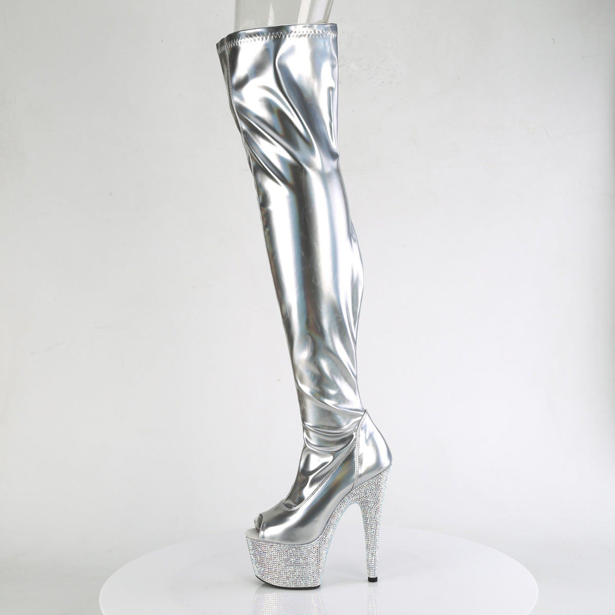 7 Inch Heel BEJEWELED-3011-7 Silver Stretch Holo
