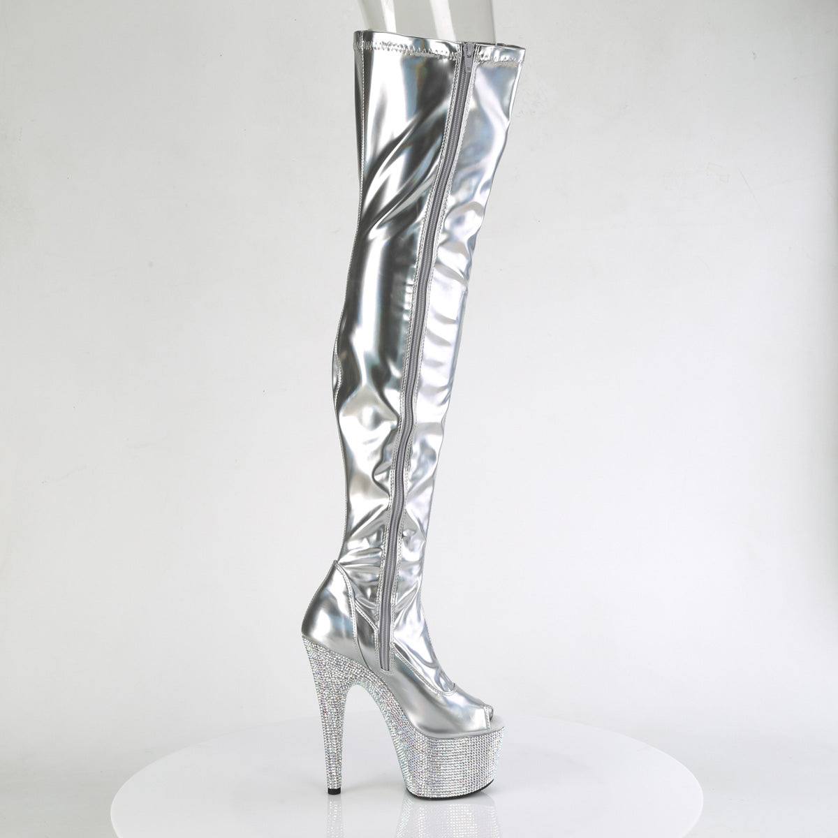 7 Inch Heel BEJEWELED-3011-7 Silver Stretch Holo