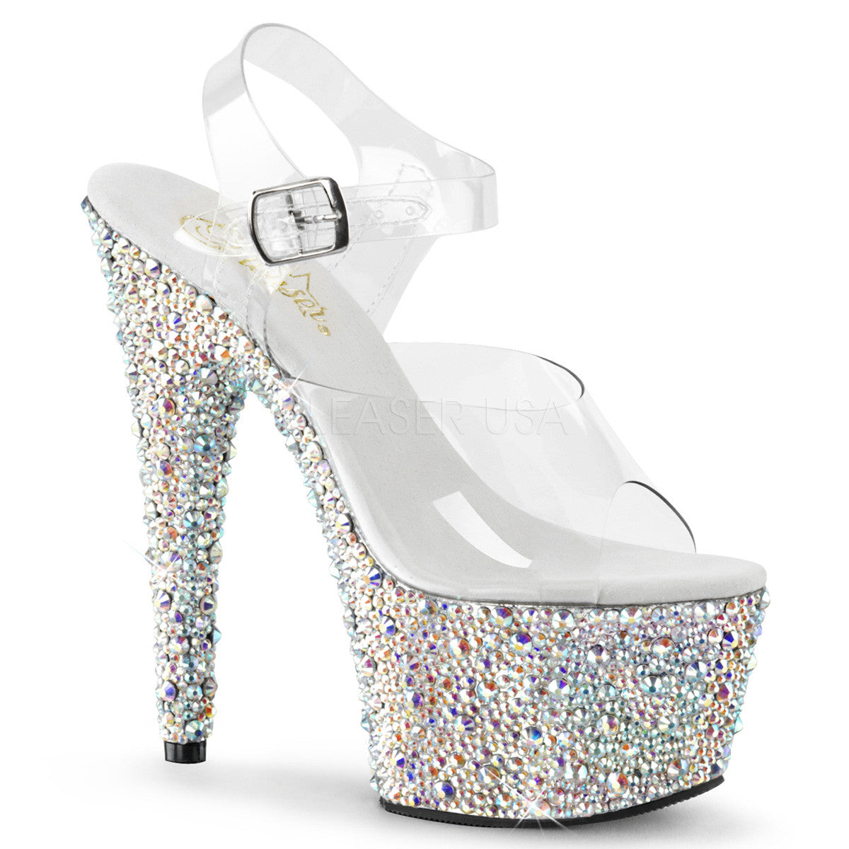 Pleaser BEJEWELED-708MS Clear Ankle Strap Sandals With Silver Multi Rhinestones Platform - Shoecup.com - 1