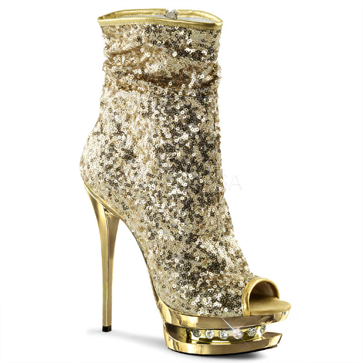 PLEASER BLONDIE-R-1008 Gold Sequins-Gold Chrome Ankle Boots - Shoecup.com - 1