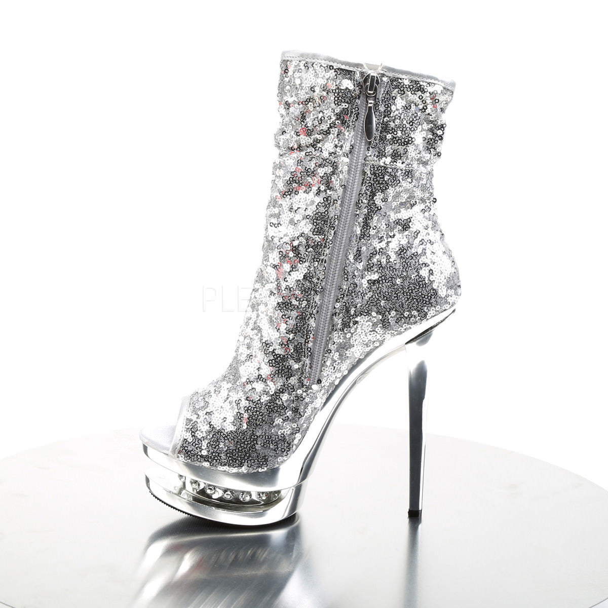 PLEASER BLONDIE-R-1008 Silver Sequins-Silver Chrome Ankle Boots - Shoecup.com - 3