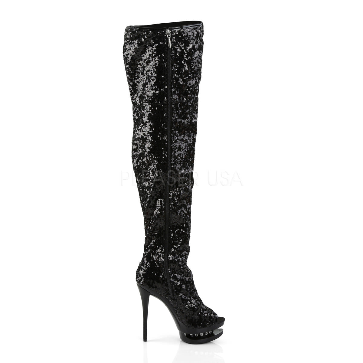 PLEASER BLONDIE-R-3011 Black Sequins-Black Knee High Boots