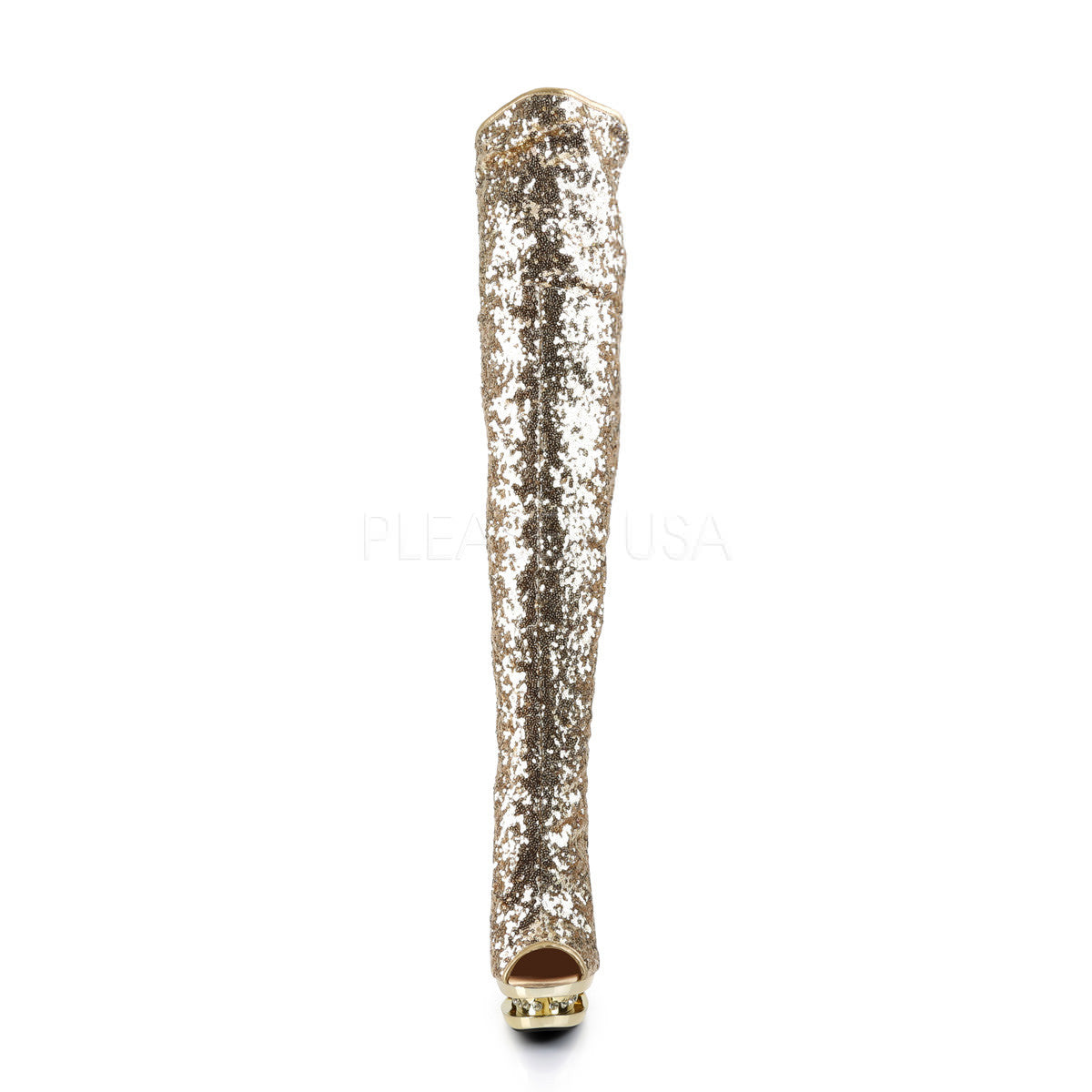 PLEASER BLONDIE-R-3011 Gold Sequins-Gold Chrome Knee High Boots - Shoecup.com - 2
