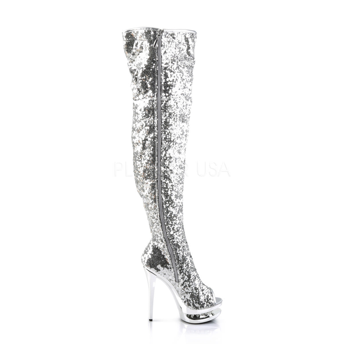 PLEASER BLONDIE-R-3011 Silver Sequins-Silver Chrome Knee High Boots