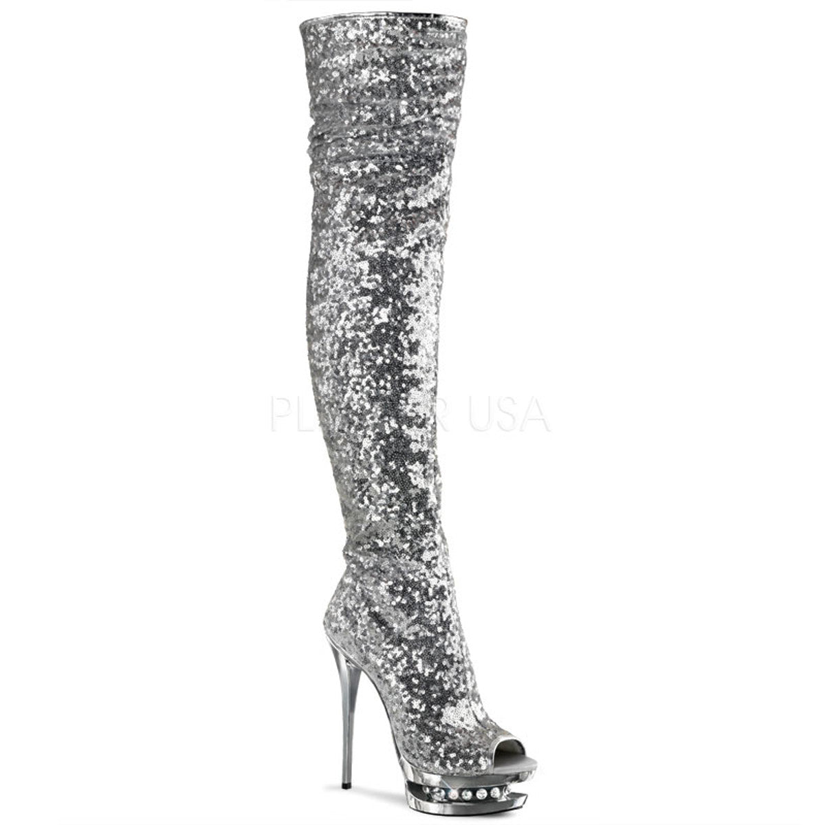 PLEASER BLONDIE-R-3011 Silver Sequins-Silver Chrome Knee High Boots - Shoecup.com - 1