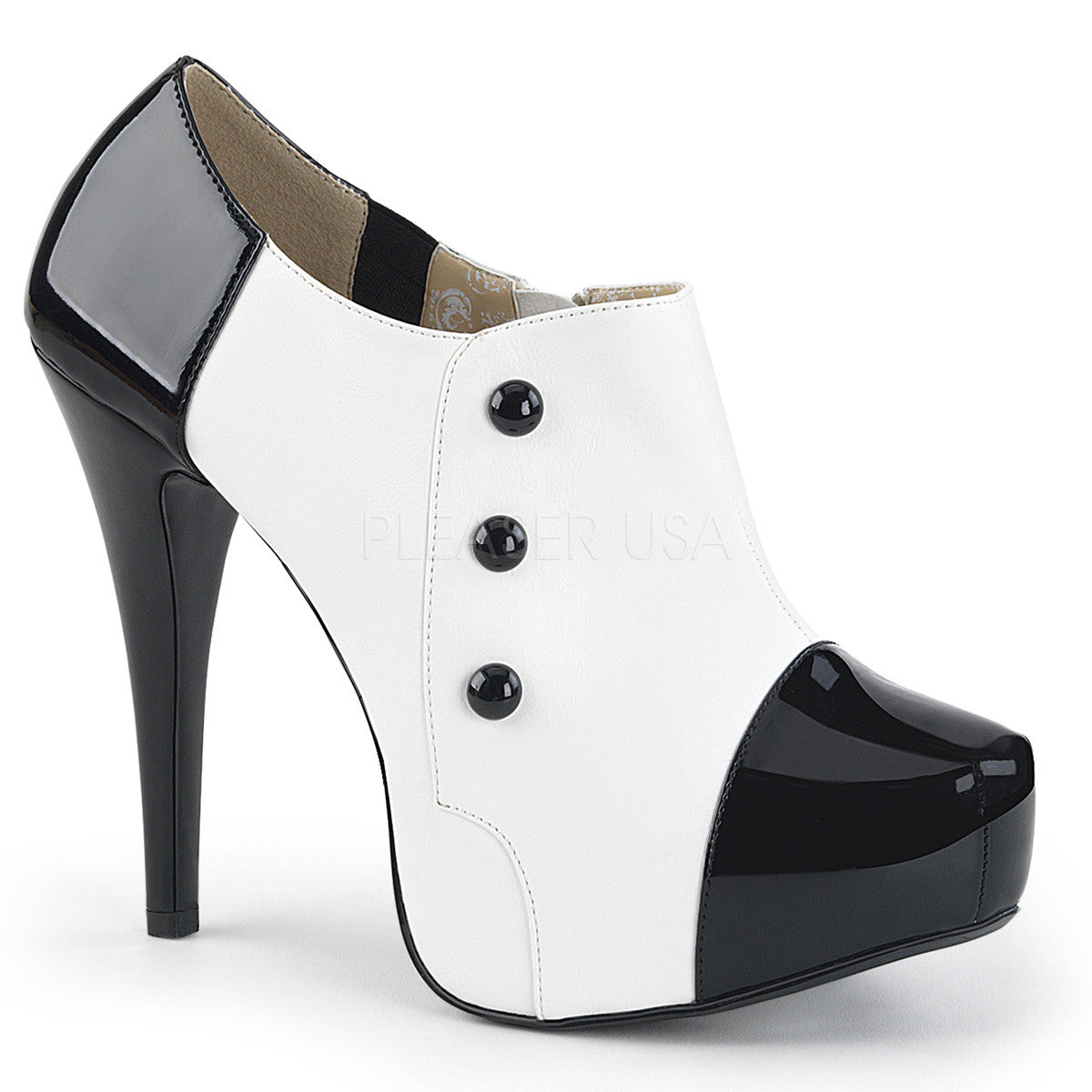 Pleaser Pink Label CHLOE-11 Black-White Pat Ankle Boots - Shoecup.com