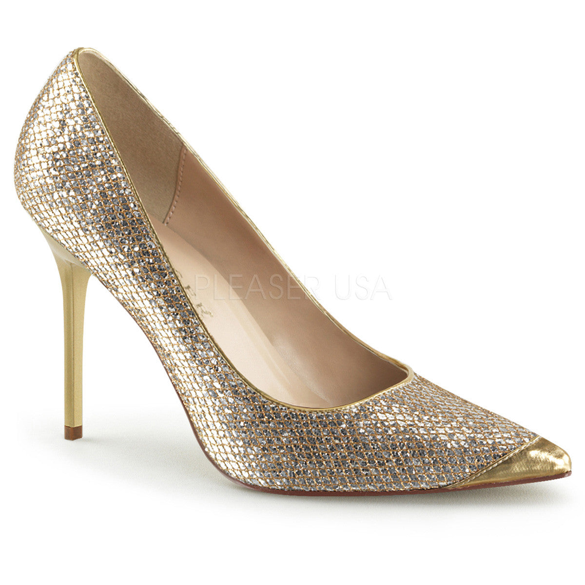 Pleaser CLASSIQUE-20 Gold Glittery Lame Fabric Pointed-Toe Pumps - Shoecup.com - 1