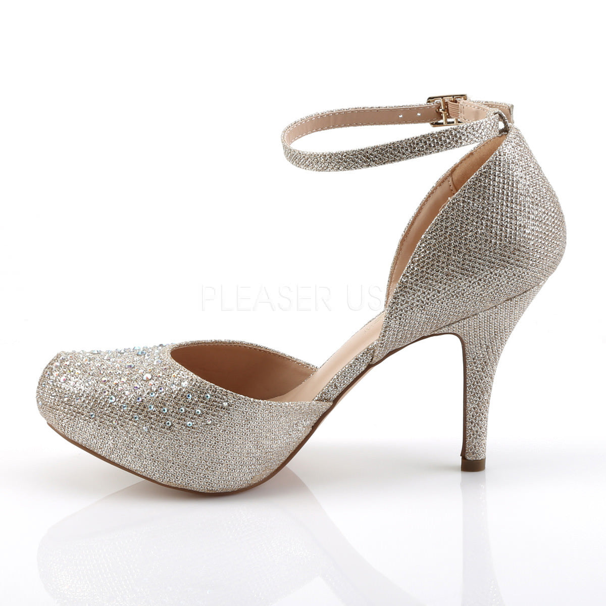 Fabulicious COVET-03 Nude Glitter Mesh Fabric Ankle Strap Pumps with Rhinestones