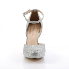 Fabulicious COVET-03 Silver Glitter Mesh Fabric Ankle Strap Pumps with Rhinestones