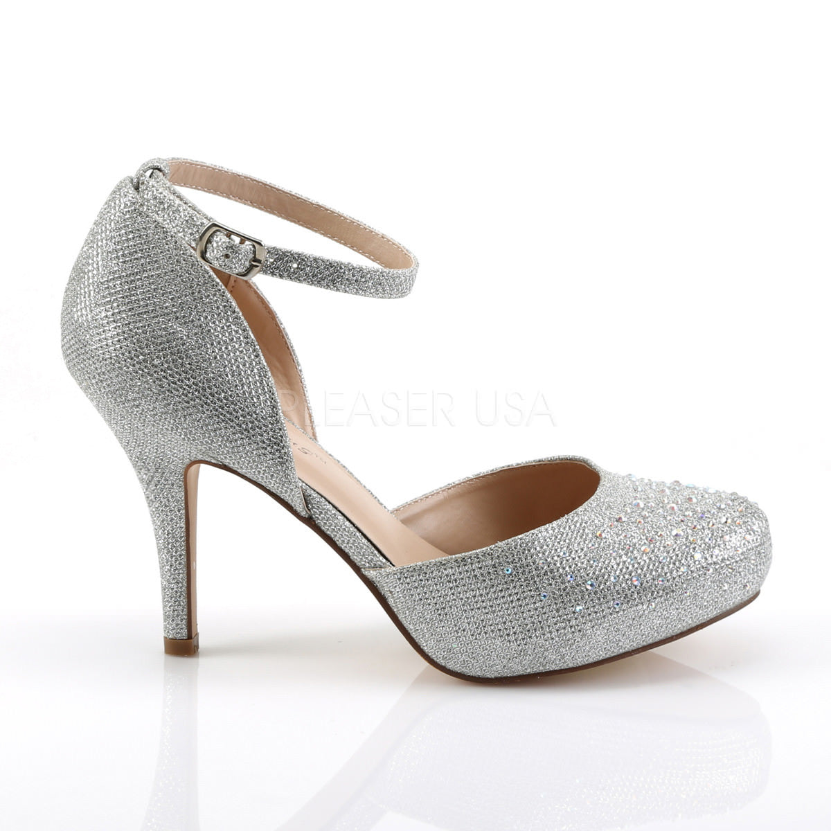 Fabulicious COVET-03 Silver Glitter Mesh Fabric Ankle Strap Pumps with Rhinestones