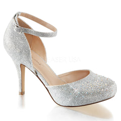 Fabulicious COVET-03 Silver Glitter Mesh Fabric Ankle Strap Pumps with Rhinestones - Shoecup.com