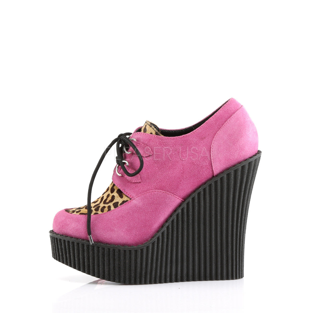 Demonia,Demonia CREEPER-304 Hot Pink Vegan Suede-Leopard Printed Pony Hair Creepers - Shoecup.com