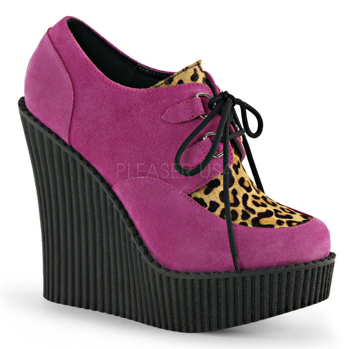 Demonia,Demonia CREEPER-304 Hot Pink Vegan Suede-Leopard Printed Pony Hair Creepers - Shoecup.com