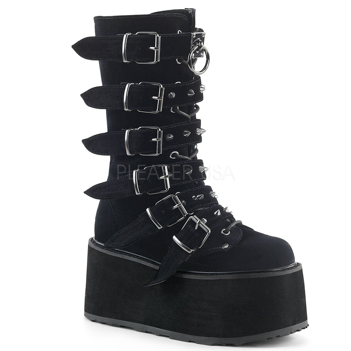 3 1/2" Platform Mid-Calf Boot With 6 Buckle Straps, Metal Side Zip
