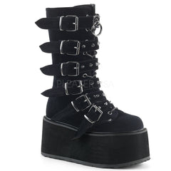 3 1/2" Platform Mid-Calf Boot With 6 Buckle Straps, Metal Side Zip