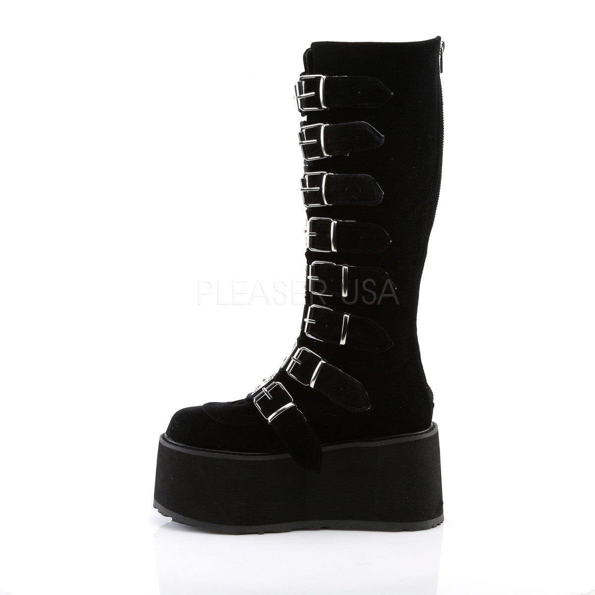 Black Velvet Goth Punk Buckle Straps Knee Boots Demonia DAMNED