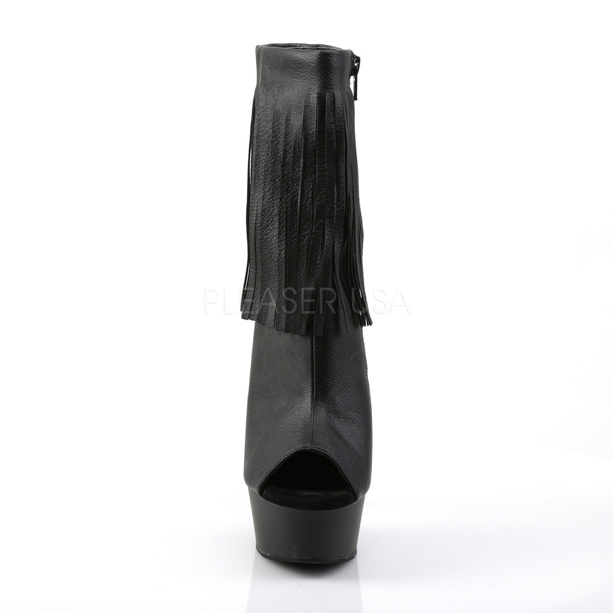 Pleaser DELIGHT-1019 Black Faux Leather Fringe Ankle Boots With Black Matte Platform