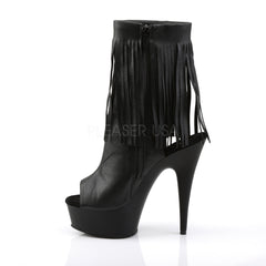 Pleaser DELIGHT-1019 Black Faux Leather Fringe Ankle Boots With Black Matte Platform
