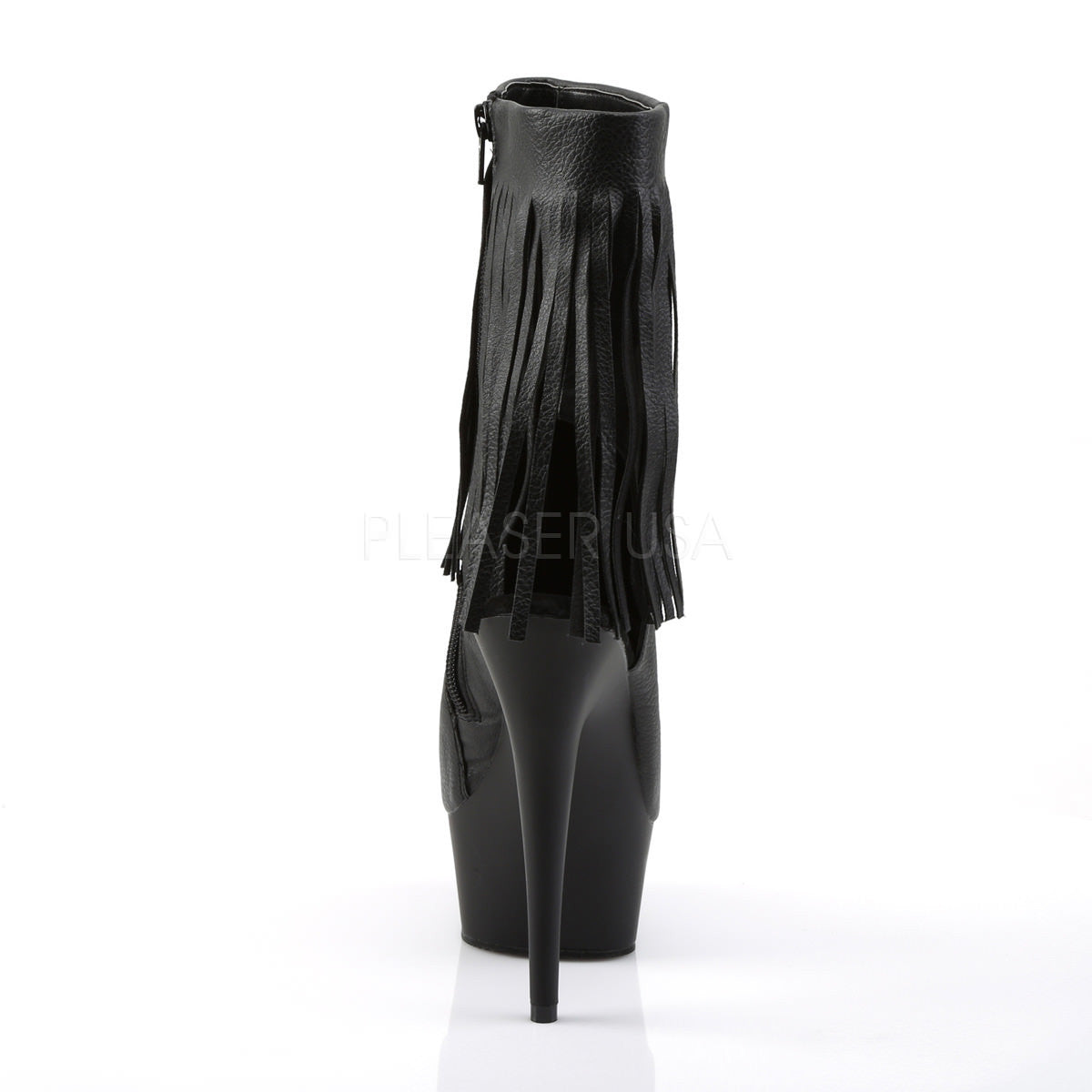 Pleaser DELIGHT-1019 Black Faux Leather Fringe Ankle Boots With Black Matte Platform