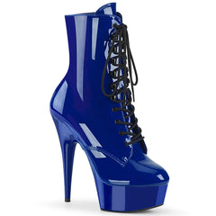 Pleaser DELIGHT-1020 Royal Blue Pat 6 Inch (152mm) Heel, 1 3/4 Inch (45mm) Platform Lace-Up Front Ankle Boot, Inside Zip Closure