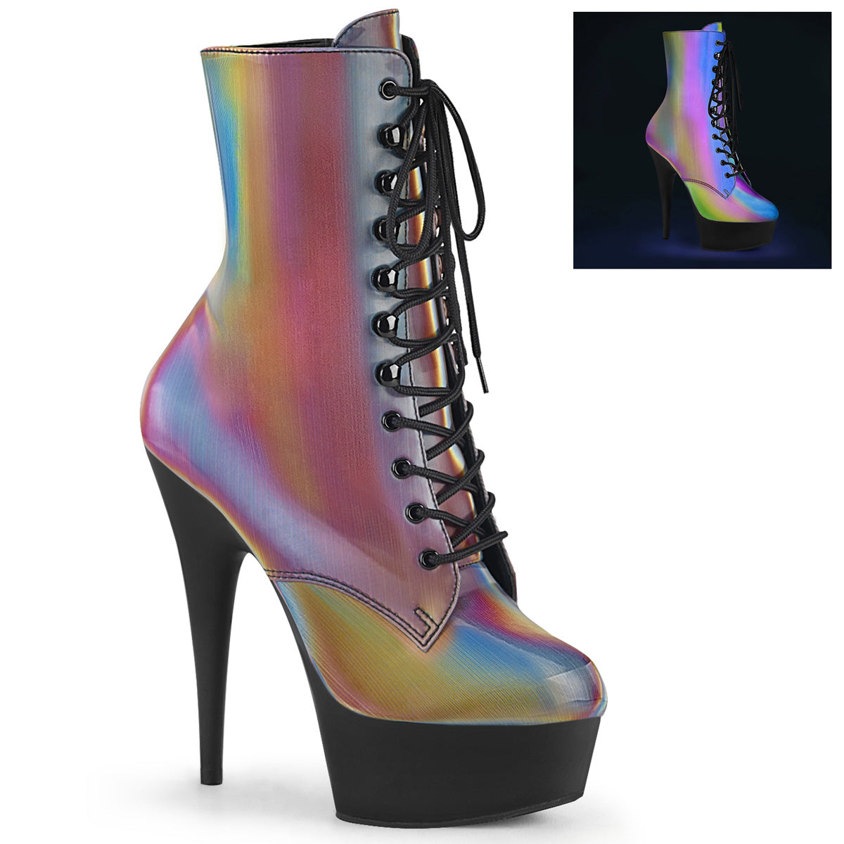 Pleaser DELIGHT-1020REFL Rainbow Reflective 6 Inch (152mm) Heel, 1 3/4 Inch (45mm) Platform Lace-Up Front Ankle Boot With Reflective Rainbow Effect Upper, Inside Zip Closure