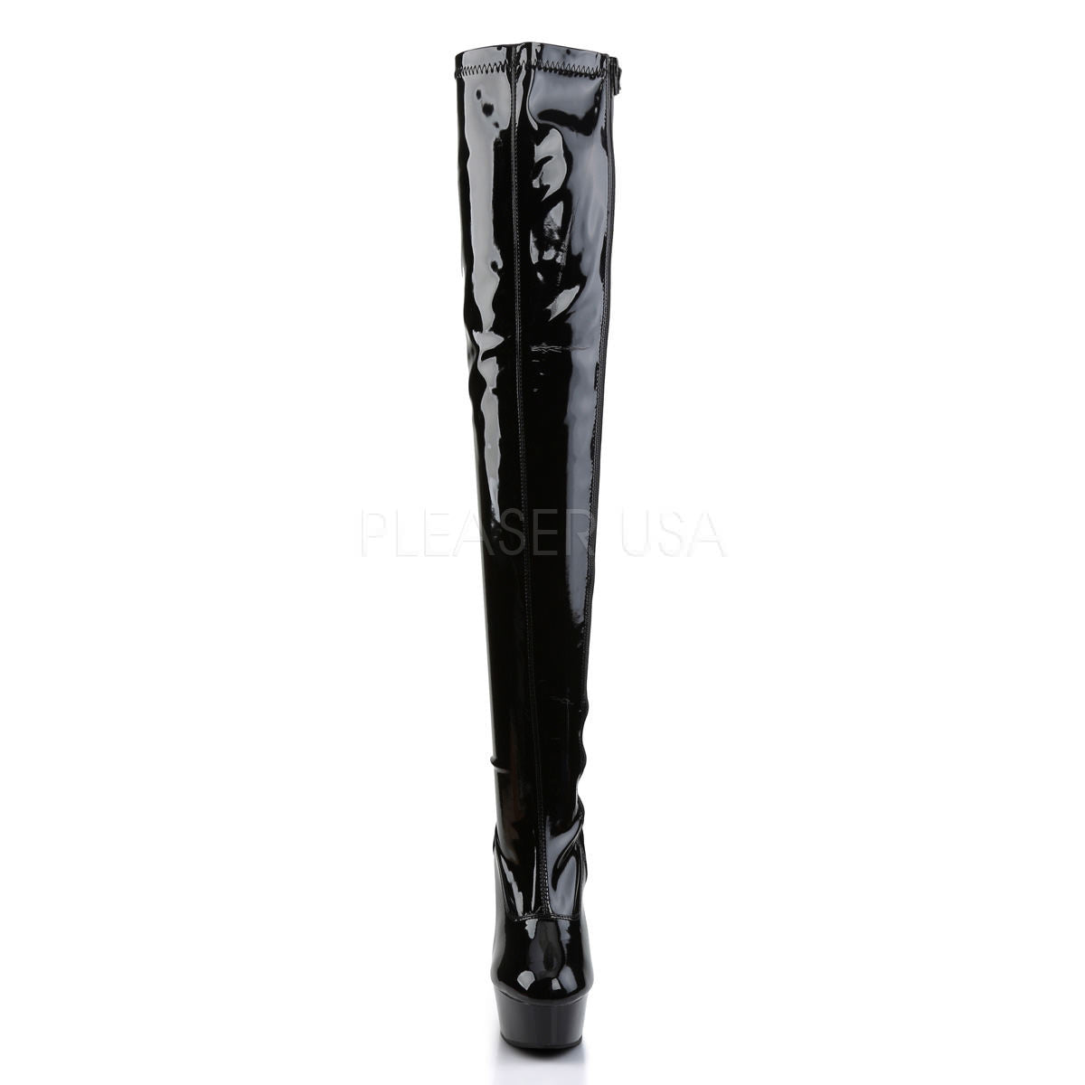 PLEASER DELIGHT-3000 Black Stretch Pat-Black Thigh High Boots