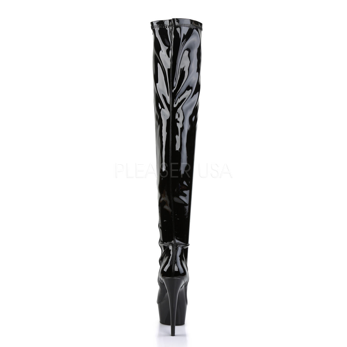 PLEASER DELIGHT-3000 Black Stretch Pat-Black Thigh High Boots
