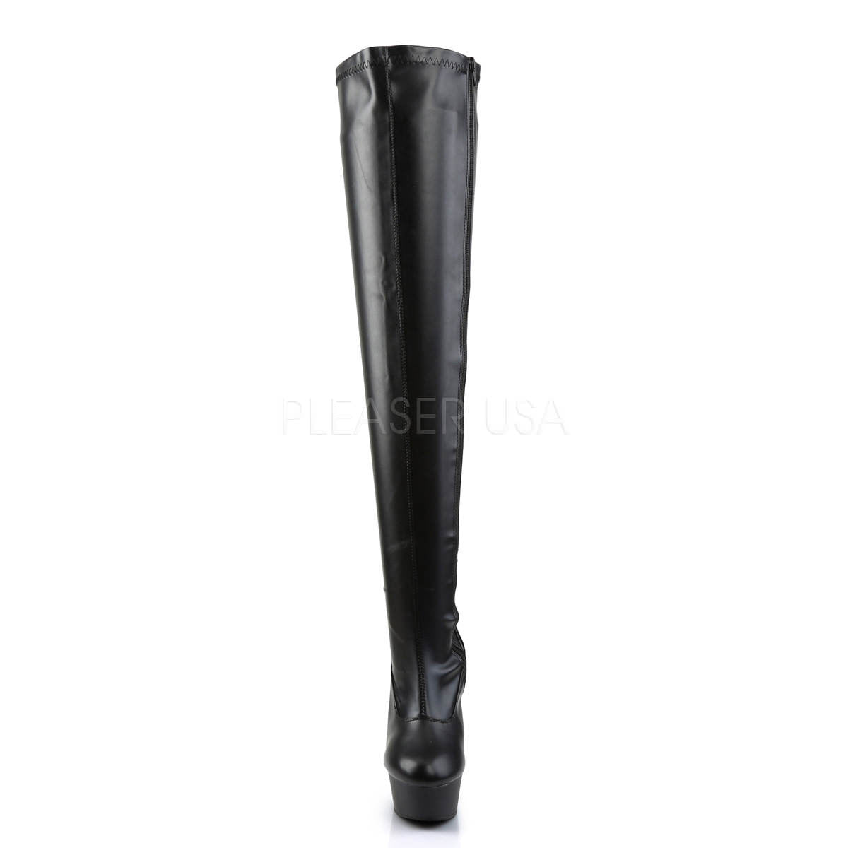 PLEASER DELIGHT-3000 Black Stretch Pu-Black Matte Thigh High Boots