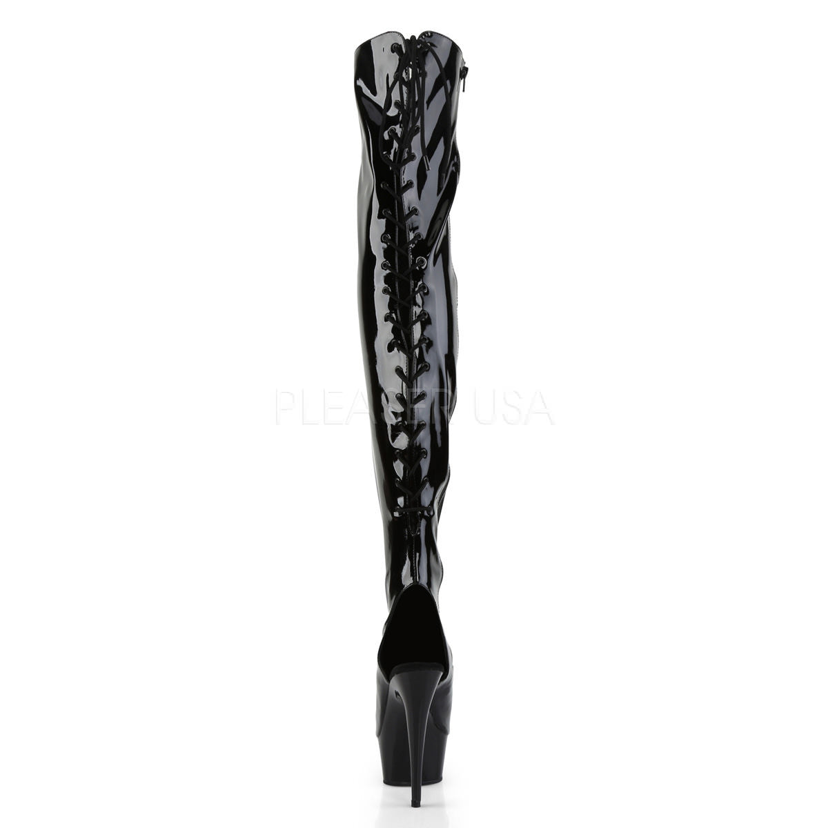 PLEASER DELIGHT-3017 Black Stretch Pat-Black Thigh High Boots