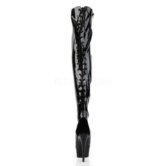 PLEASER DELIGHT-3017 Black Stretch Pat-Black Thigh High Boots