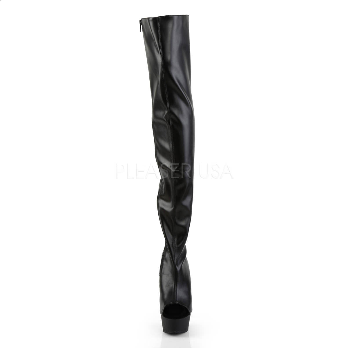 PLEASER DELIGHT-3017 Black Stretch Pu-Black Thigh High Boots
