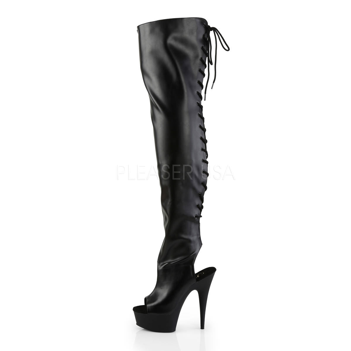 PLEASER DELIGHT-3017 Black Stretch Pu-Black Thigh High Boots