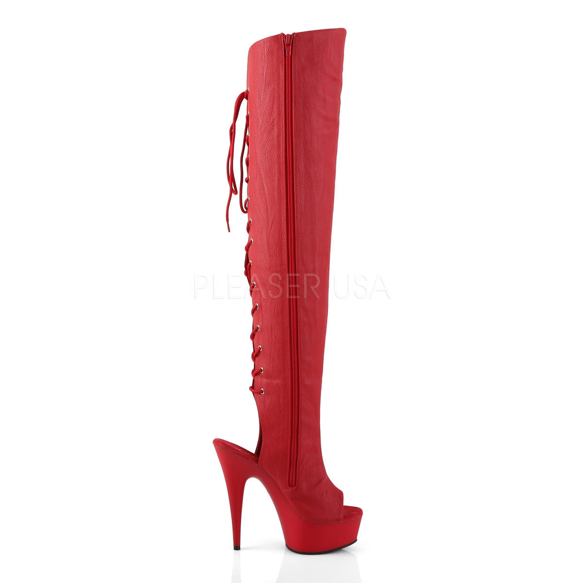 Pleaser DELIGHT-3019 Red Faux Leather Thigh High Boots With Red Matte Platform