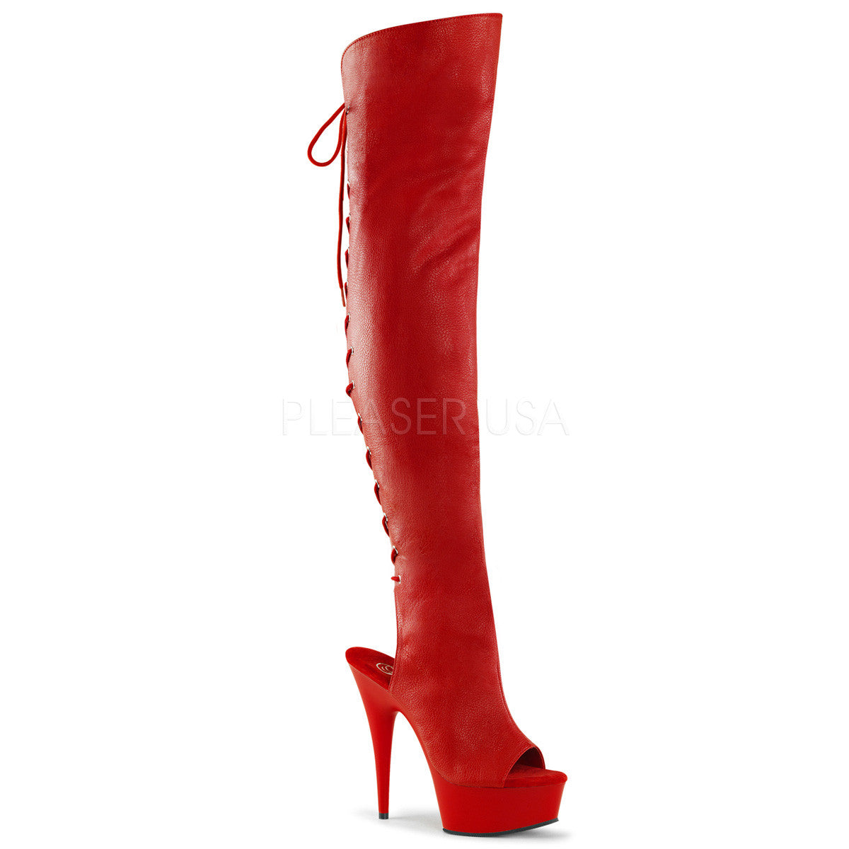 Pleaser DELIGHT-3019 Red Faux Leather Thigh High Boots With Red Matte Platform - Shoecup.com