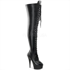 PLEASER DELIGHT-3023 Black Stretch Pu-Black Matte Thigh High Boots ...