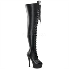 PLEASER DELIGHT-3023 Black Stretch Pu-Black Matte Thigh High Boots - Shoecup.com
