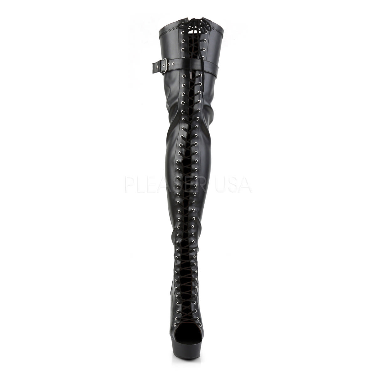 Pleaser DELIGHT-3025 Black Stretch Pu Open Toe Thigh Boots