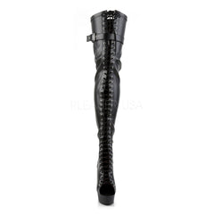 Pleaser DELIGHT-3025 Black Stretch Pu Open Toe Thigh Boots