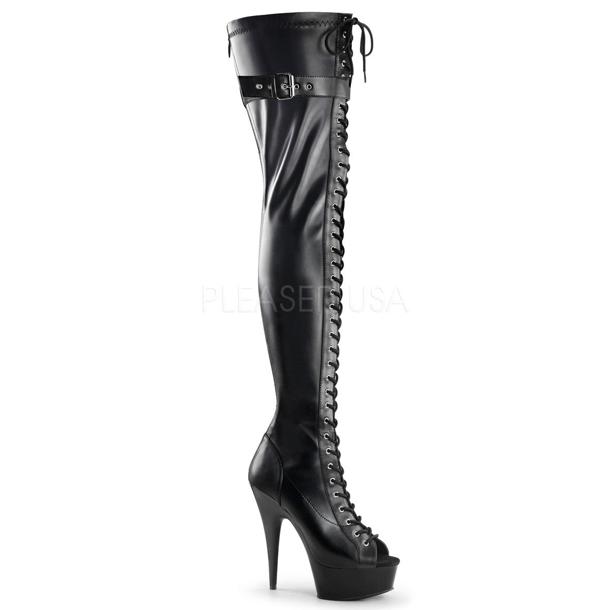 Pleaser DELIGHT-3025 Black Stretch Pu Open Toe Thigh Boots – Shoecup.com