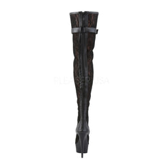 Pleaser DELIGHT-3025ML Black Pu-Mesh-Lace Open Toe Thigh Boots
