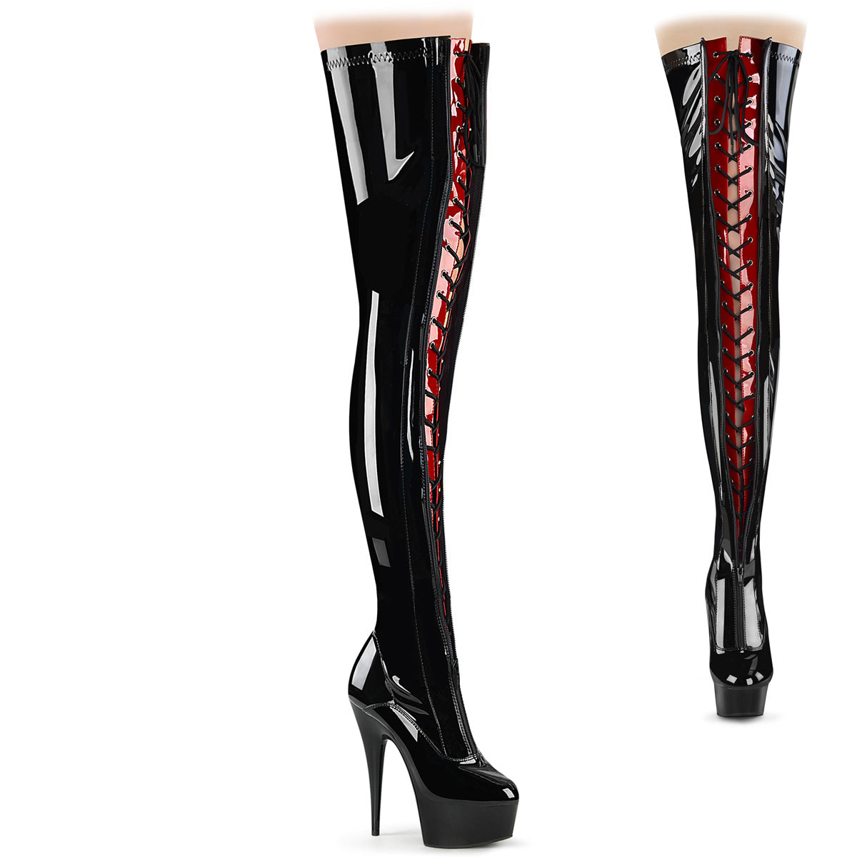 Pleaser DELIGHT-3027 Black-Red Stretch Pat 6 Inch (152mm) Heel, 1 3/4 Inch (45mm) Platform Two Tone Lace-Up/ Zip-UpThigh High Boot, Full Length Front Zip & 10 Inch Back Zip Closure