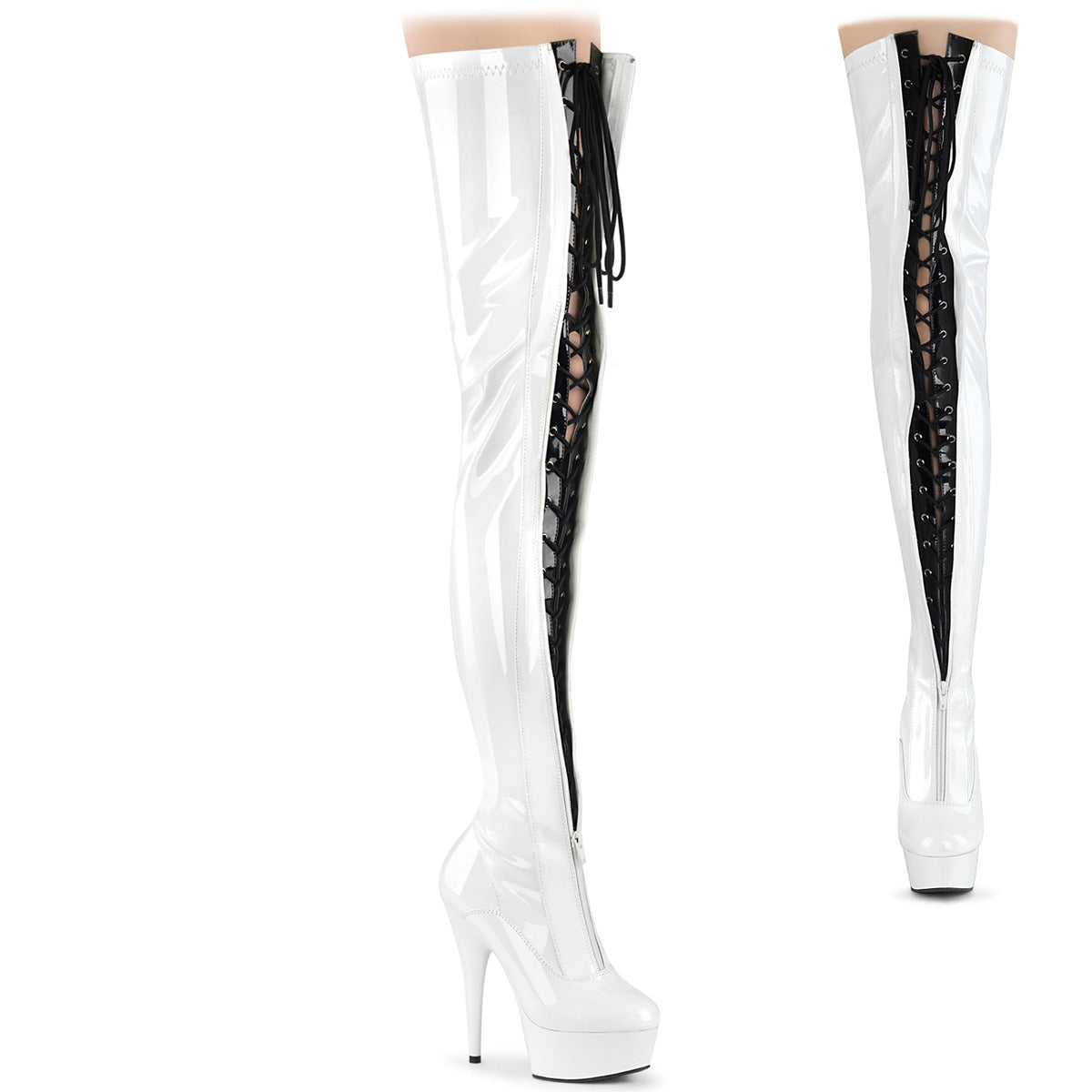 Pleaser DELIGHT-3027 Wht-Black Stretch Pat 6 Inch (152mm) Heel, 1 3/4 Inch (45mm) Platform Two Tone Lace-Up/ Zip-UpThigh High Boot, Full Length Front Zip & 10 Inch Back Zip Closure