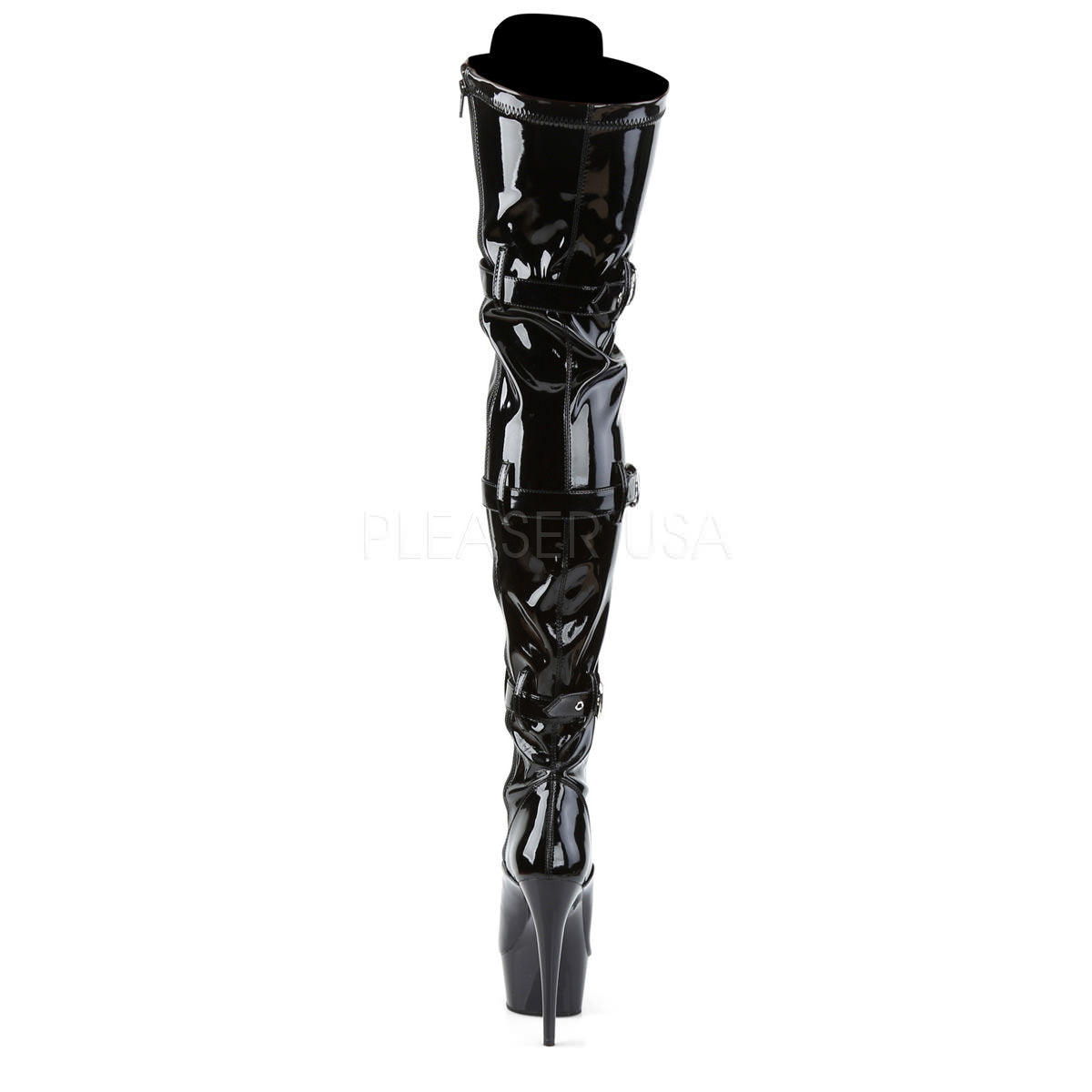 PLEASER DELIGHT 3028 Black Stretch Pat Black Thigh High Boots Shoecup