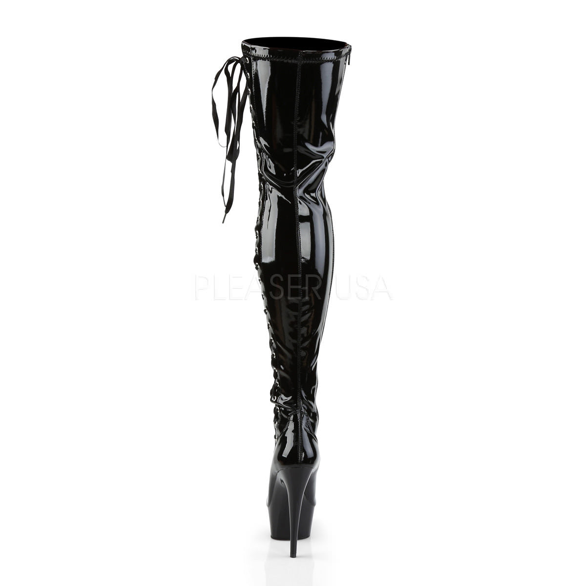 PLEASER DELIGHT-3050 Black Stretch Pat-Black Thigh High Boots
