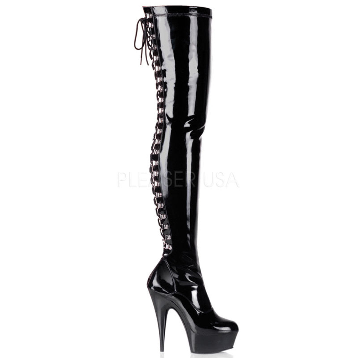 PLEASER DELIGHT-3063 Black Stretch Pat-Black Thigh High Boots - Shoecup.com