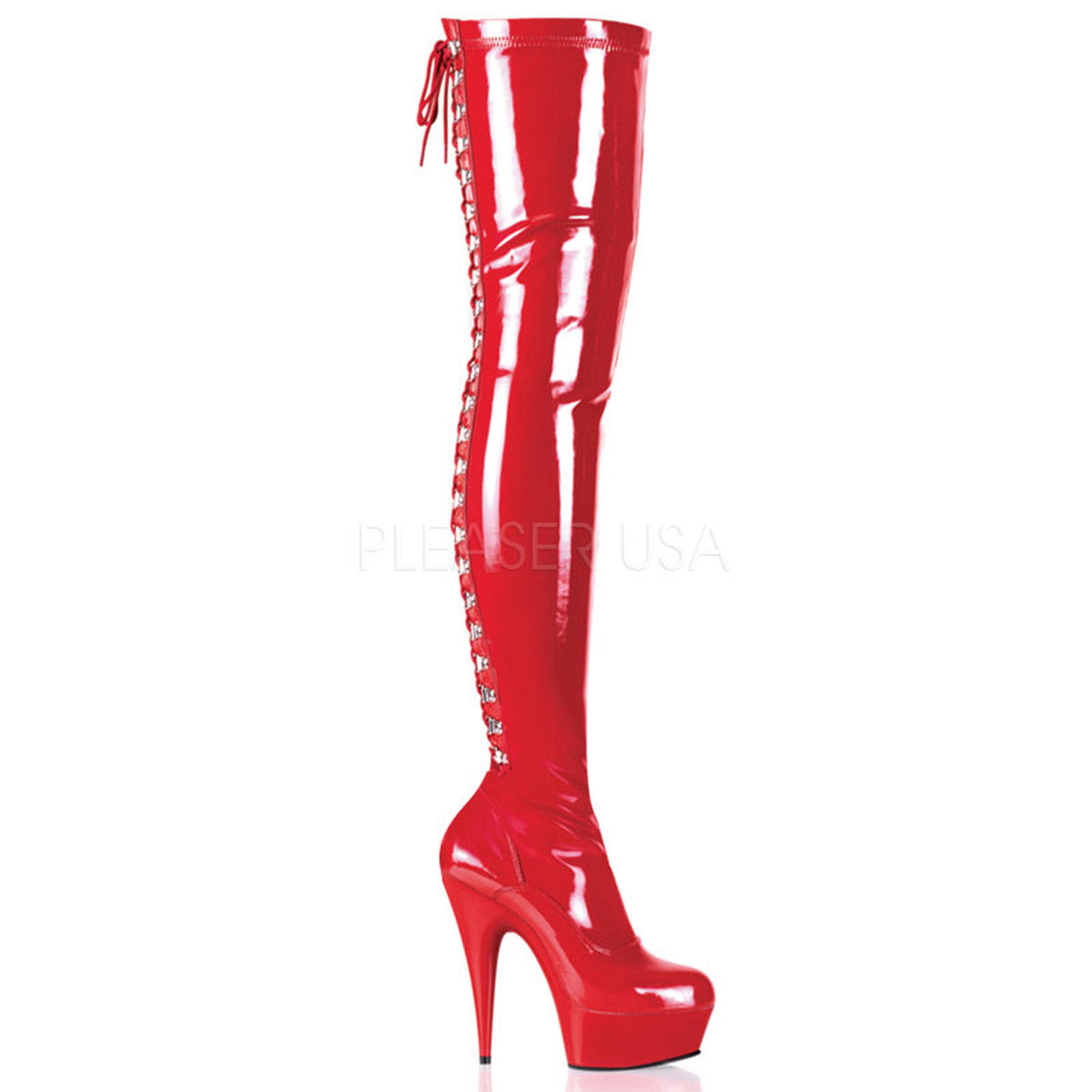 PLEASER DELIGHT-3063 Red Stretch Pat-Red Thigh High Boots - Shoecup.com